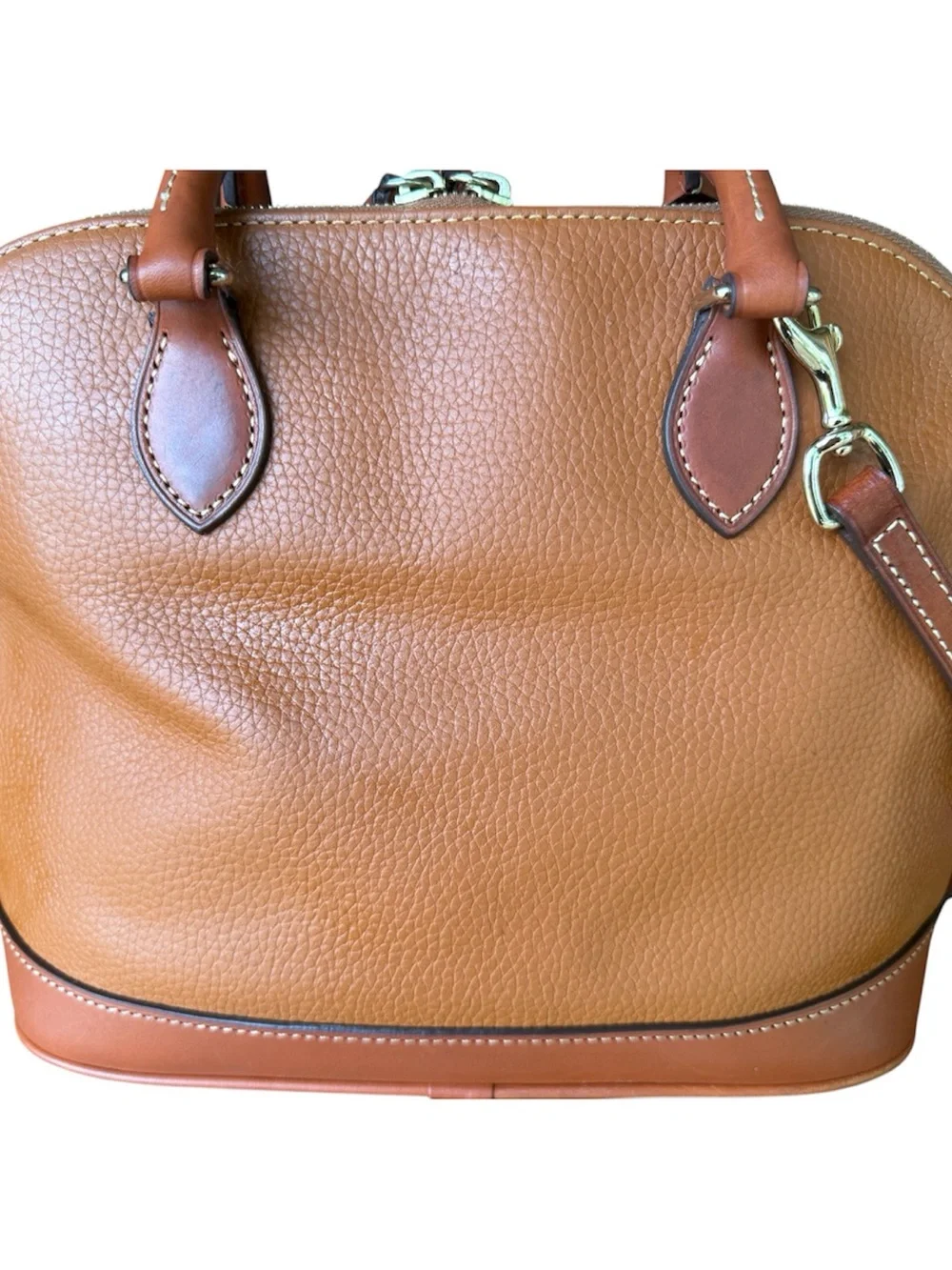 Dooney & Bourke Cognac Pebbled Leather Satchel with Crossbody Strap Dome Zip Zip